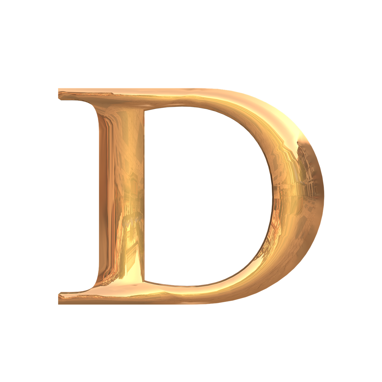 Großer, glänzender goldener Buchstabe D vor schwarzem Hintergrund.