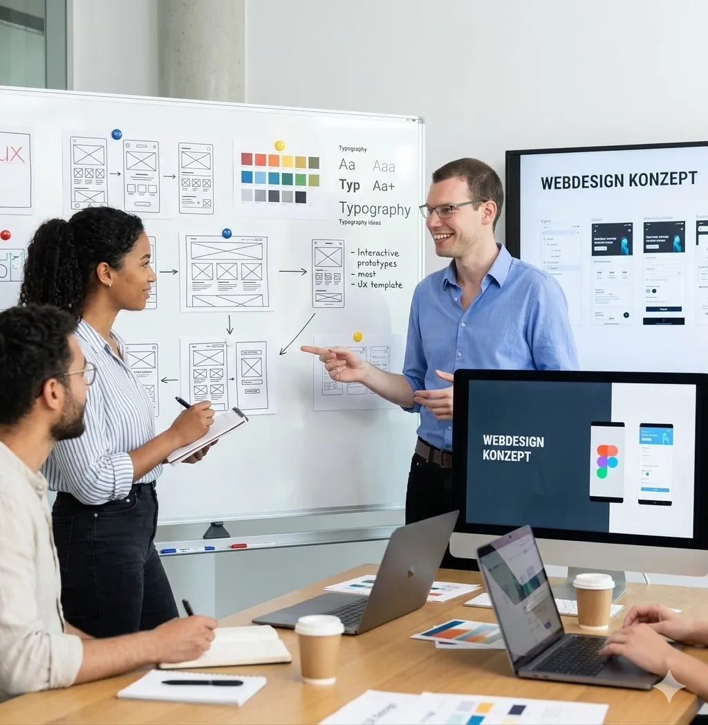 Drei Personen diskutieren vor einem Whiteboard mit Website-Design-Skizzen, neben einem Bildschirm mit dem Text ‚Webdesign Konzept‘.