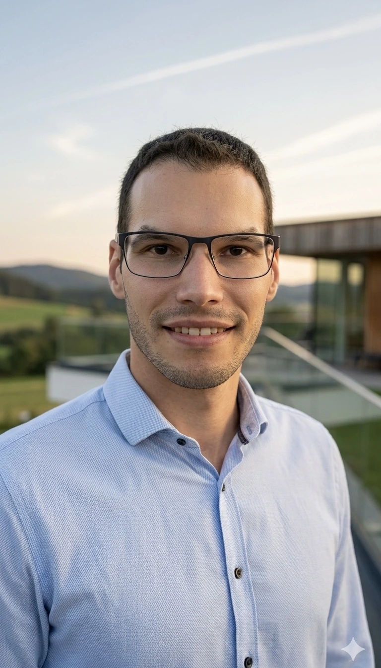 Porträt von Ing. DI(FH) Markus Katzgraber , MSc mit Brille und hellblauem Hemd vor einer ländlichen Landschaft bei Sonnenuntergang.