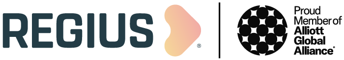 Logotipo de REGIUS, firma de intermediación estratégica, miembro de Alliott Global Alliance, Footer.