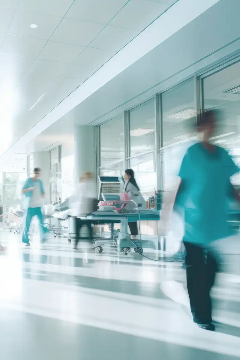 Trabajadores de hospital caminando y trabajando dentro del centro de salud
