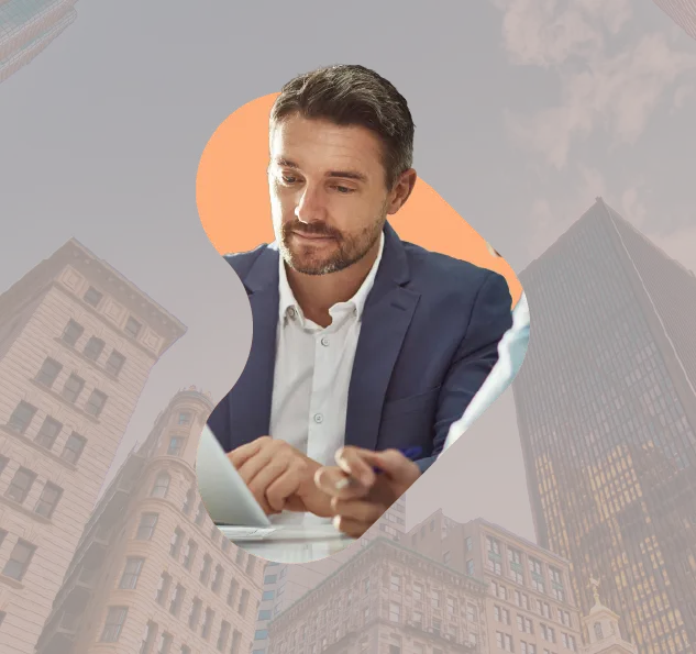 Ejecutivo en entorno urbano corporativo representando servicios de intermediación
