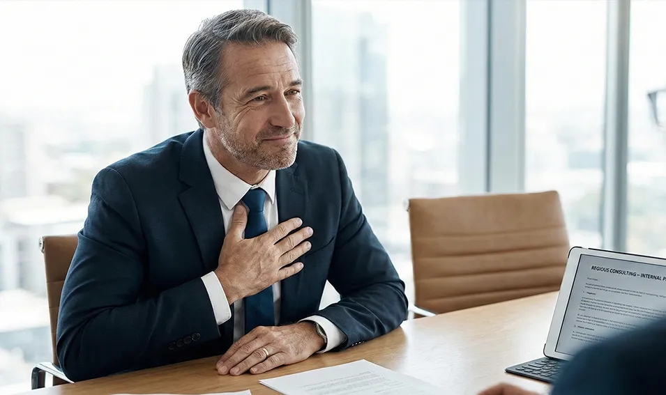 Ejecutivo transmitiendo integridad y criterio independiente en reunión corporativa