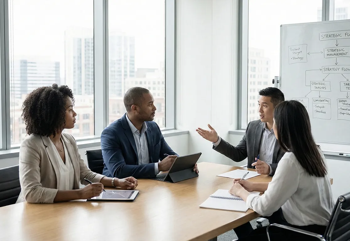Equipo corporativo en reunión de enfoque estratégico y facilitación institucional
