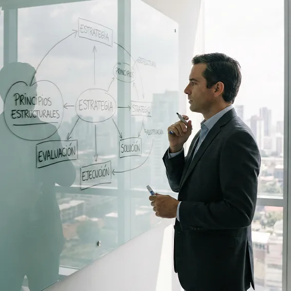 Ejecutivo diseñando protocolo de evaluación y ejecución estratégica en pizarra corporativa