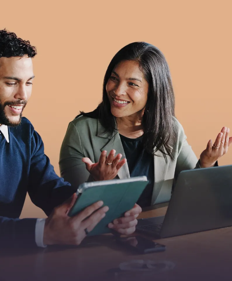 Corporate team with networked tablet of strategic partners
