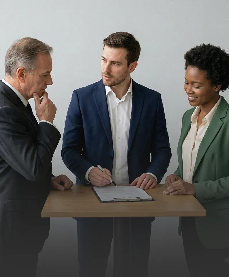 Ejecutivos en discusión estratégica representando índice de asociados corporativo
