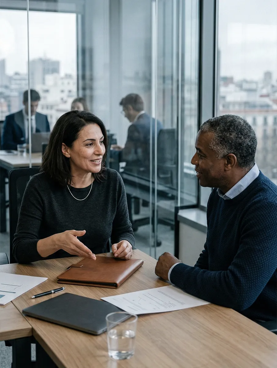 Ejecutivos en reunión representando perfil de asociado estratégico
