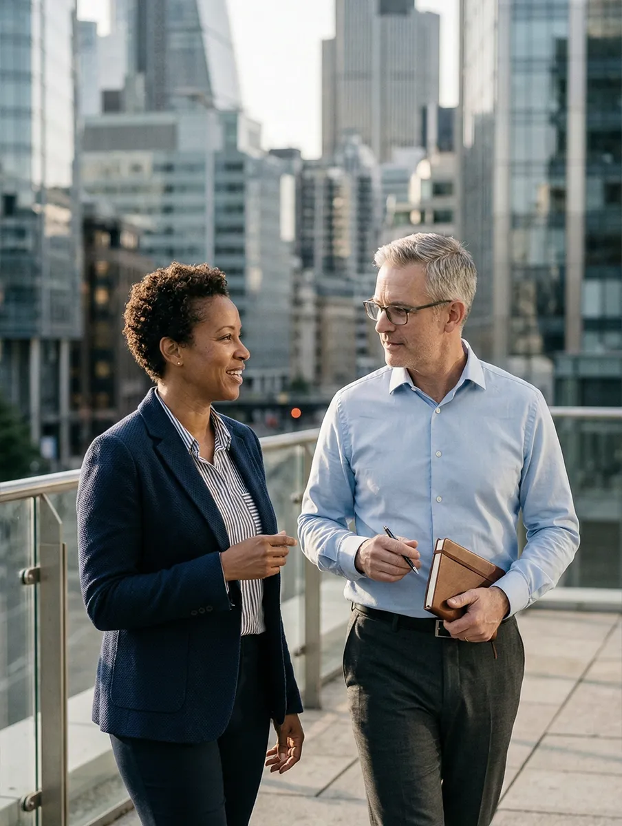 Ejecutivos en discusión representando incorporación al programa de asociados
