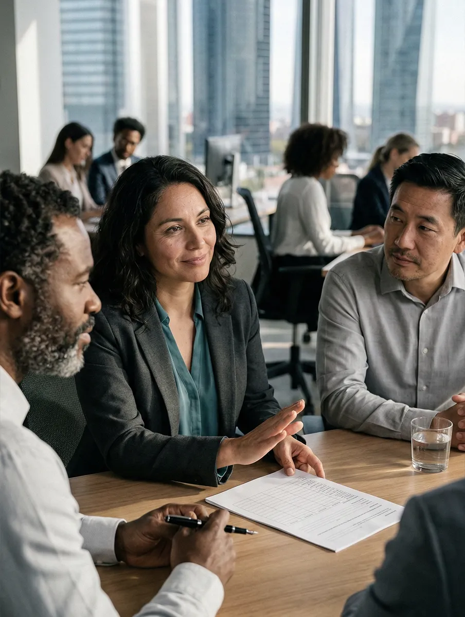 Equipo en reunión representando principios operativos y límites institucionales
