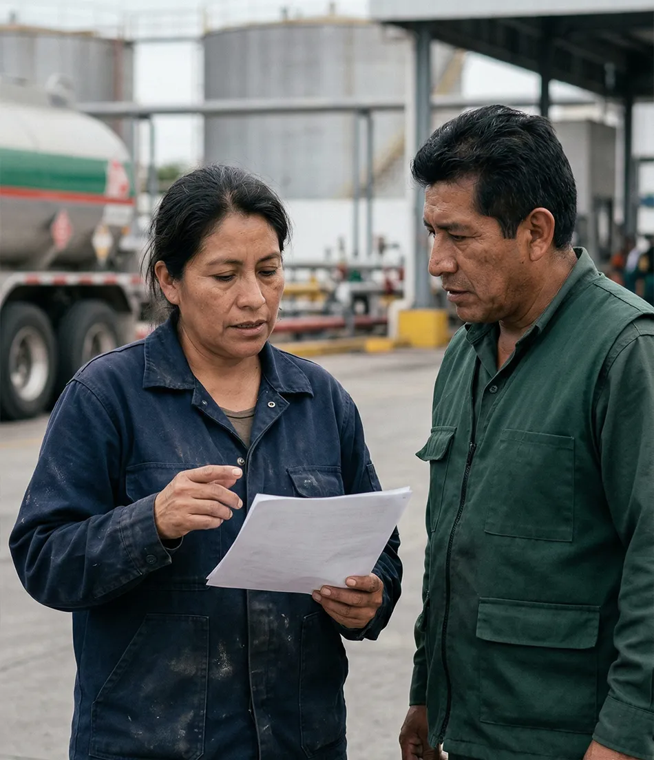 Trabajador de campo con documentos representando caso tipo en intermediación estratégica