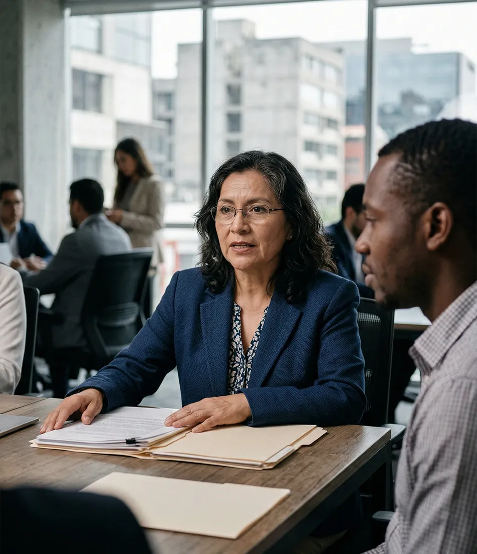 Equipo en reunión corporativa representando caso tipo en gestión estratégica
