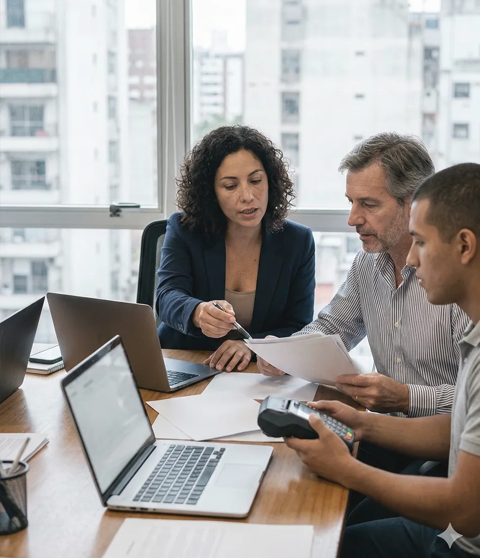 Equipo multicultural en reunión representando caso tipo en coordinación estratégica
