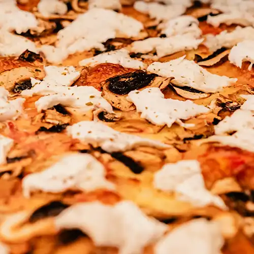 Italian style pizza with fresh cheese, herb, and small colourful tomatoes