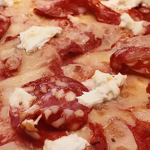 Italian style pizza with fresh cheese, herb, and small colourful tomatoes