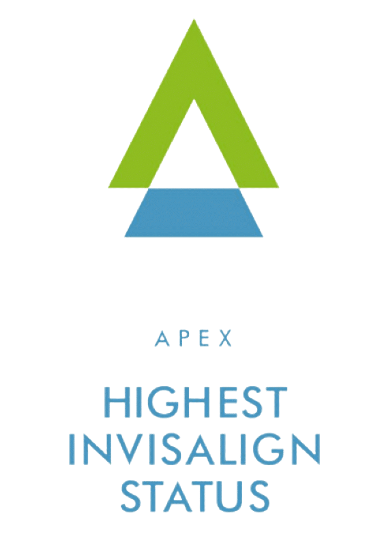 Green and blue triangular logo above the text 'APEX HIGHEST INVISALIGN STATUS' in blue capital letters on a black background.