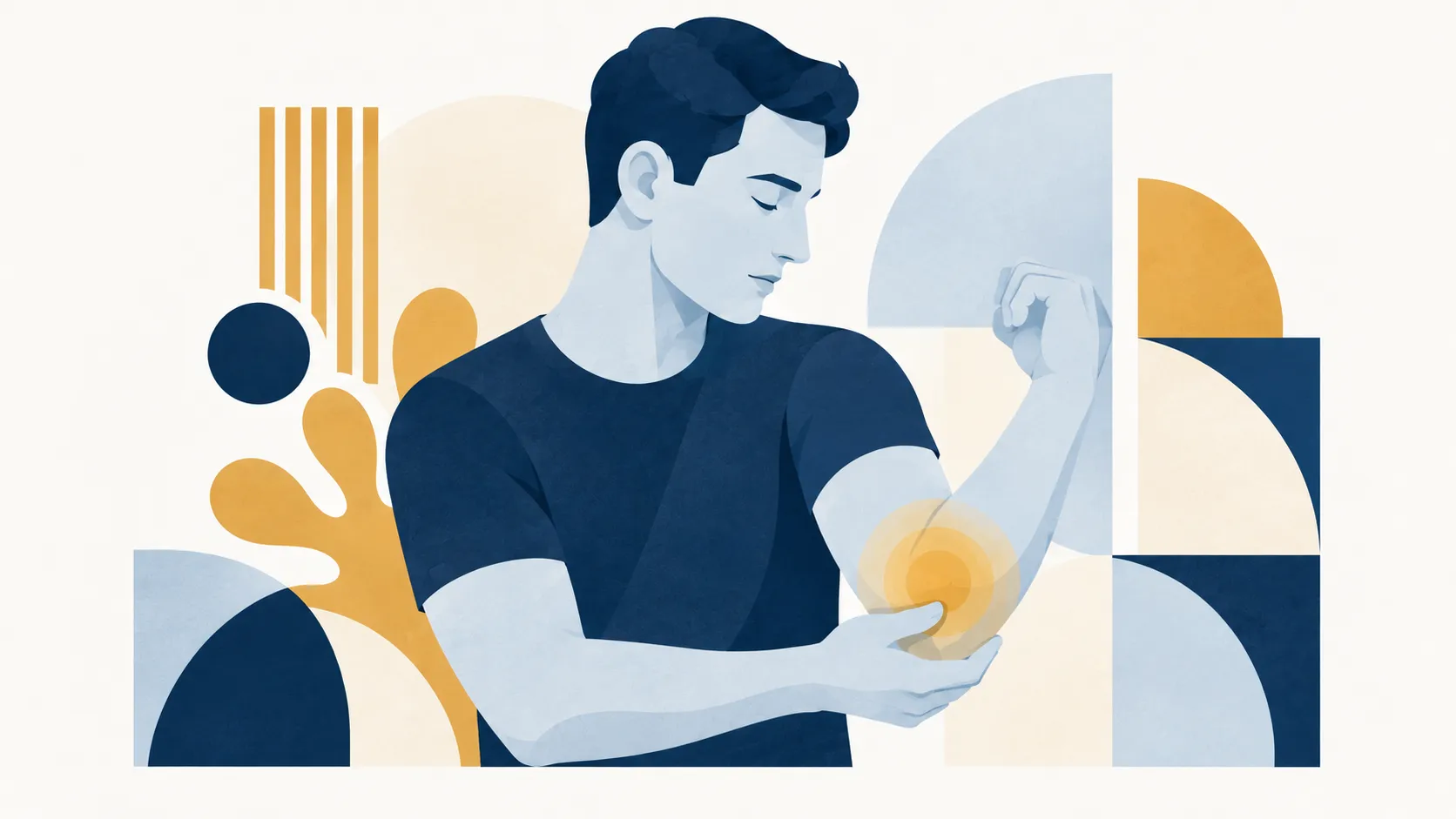 Illustration av en man som håller sig om armbågens insida, där det gör ont vid golfarmbåge