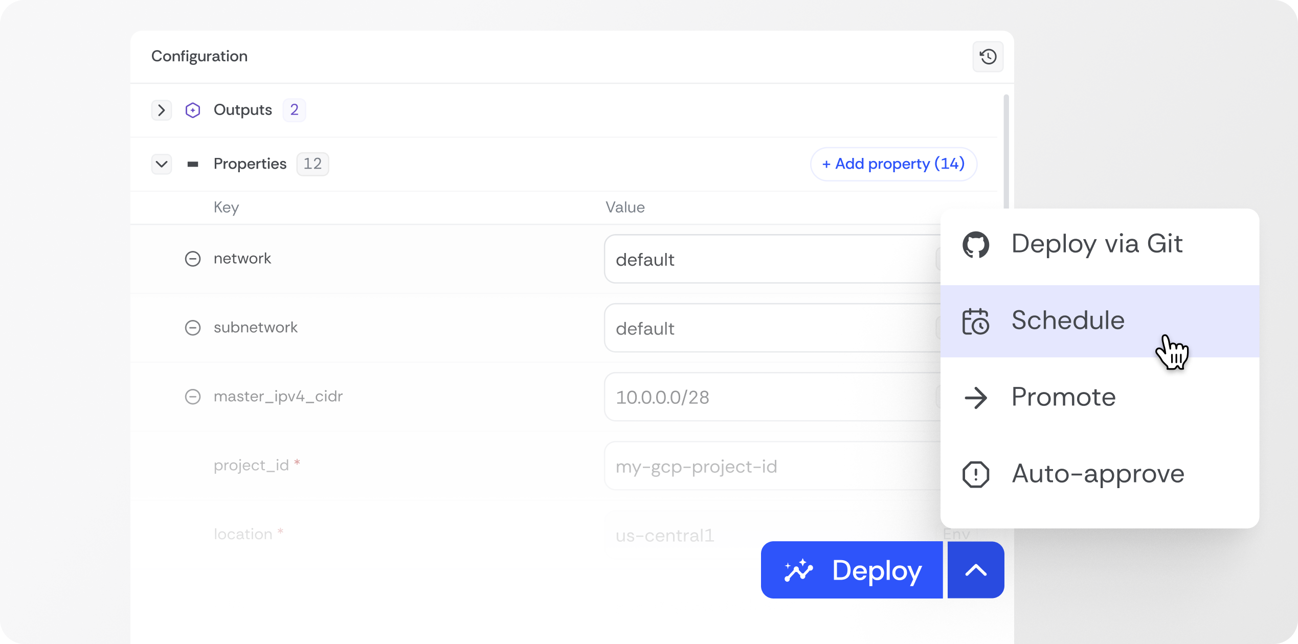 Bluebricks schedule creation interface showing environment hibernation settings with timezone selection and on/off actions