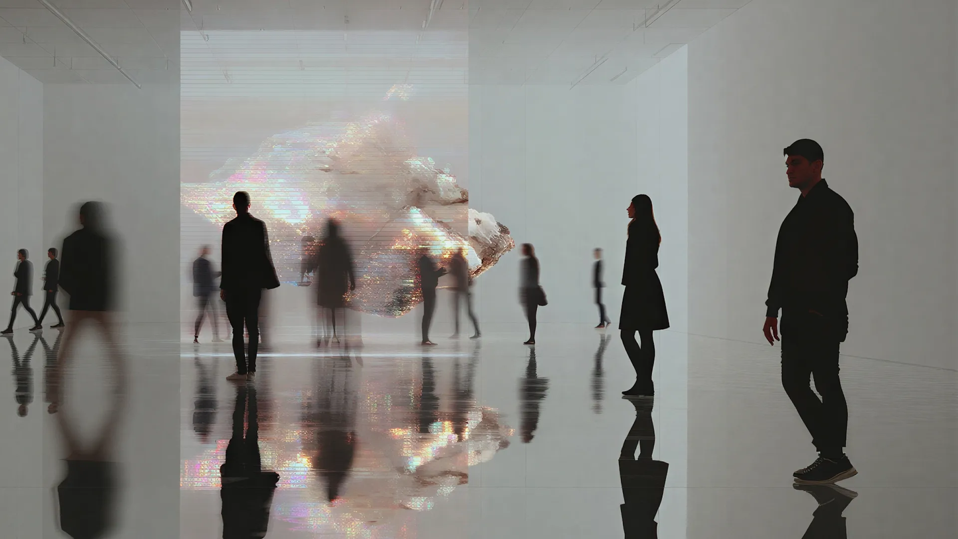 People observing a large, glowing iridescent art display in a spacious, reflective gallery.