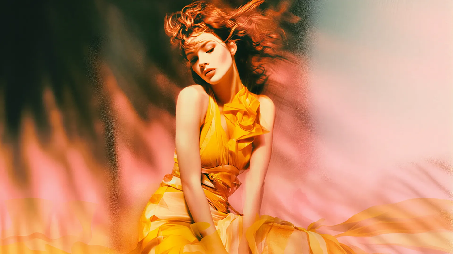 Woman in a flowing yellow dress with hair swirling, posing against a blurred pink and black background.