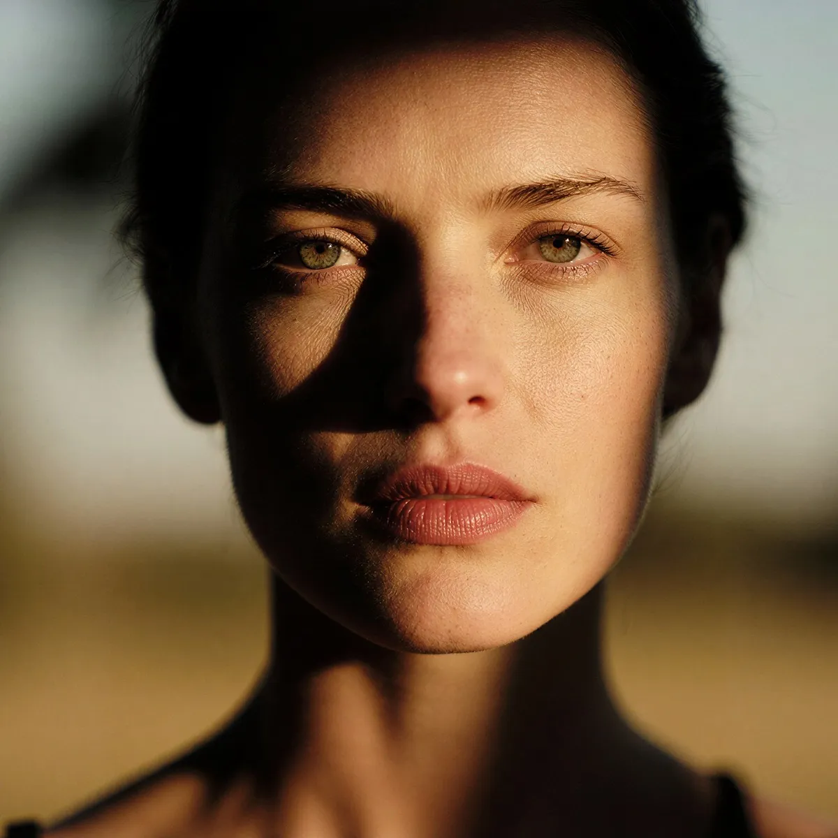 Close-up of a woman’s face with green eyes and neutral expression, partly shaded by shadow.