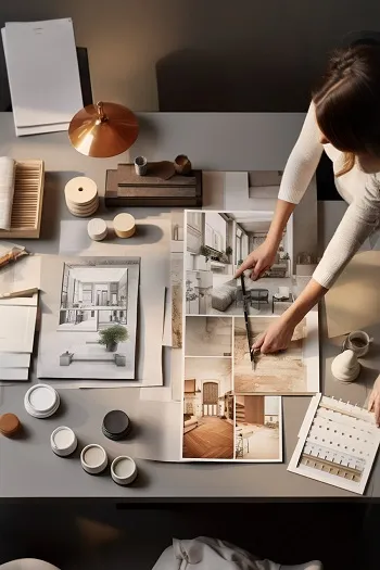 Person arranging architectural design blueprints and samples on a desk with color swatches and material samples.