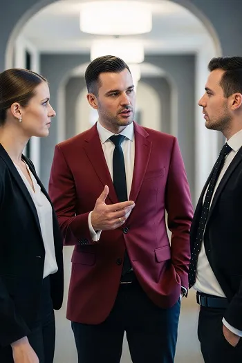 Three business professionals engaged in a serious conversation in a modern office hallway.
