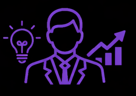 Purple icon of a person in a suit with a light bulb and an upward arrow graph symbolizing ideas and growth.
