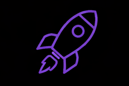 Purple outline of a rocket ship on a black background.