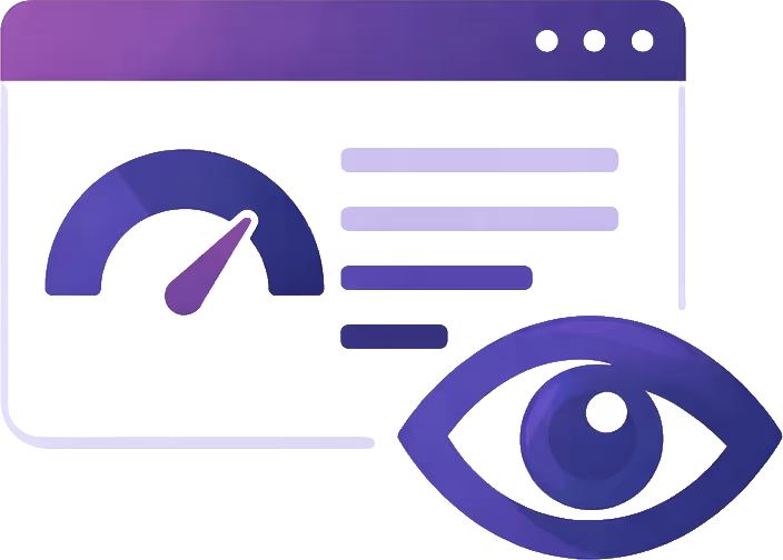 Website browser window with a speedometer gauge and a large eye icon symbolizing pathology department web performance and monitoring.