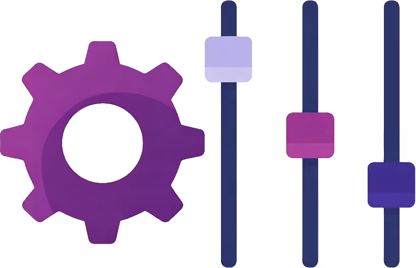 Purple gear icon next to three vertical sliders with purple knobs at different levels. for DICOM  and storage information 
