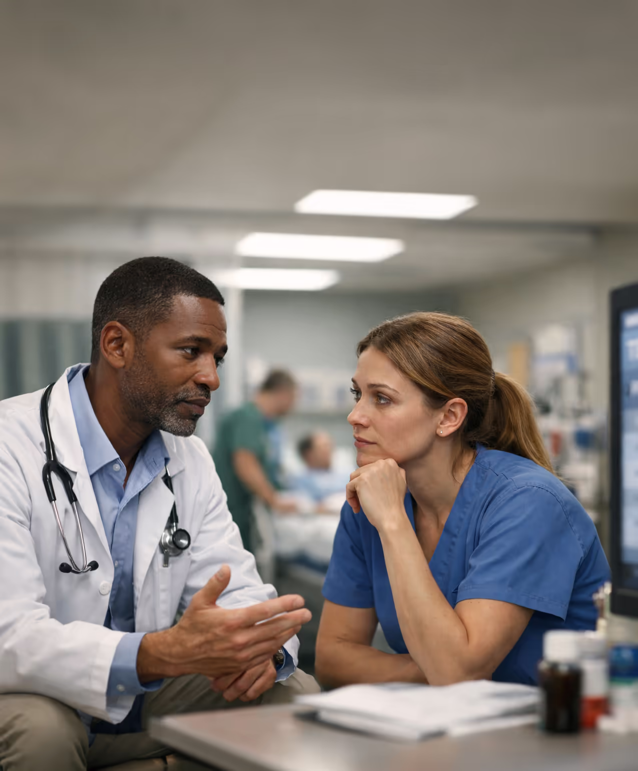 Male doctor discussing with a female nurse in a hospital setting about pathology case 