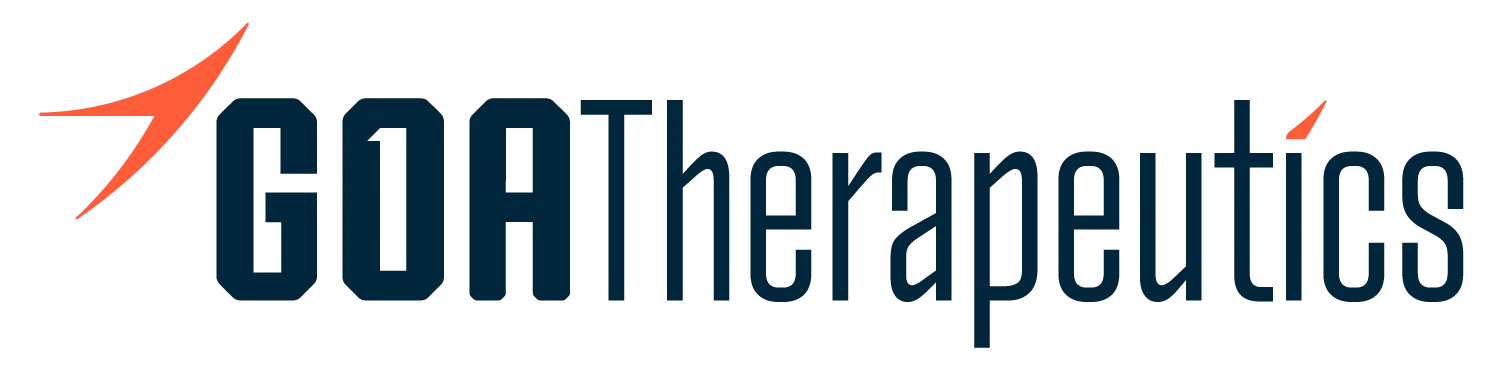 GOA Therapeutics logo, navy wordmark with orange swoosh