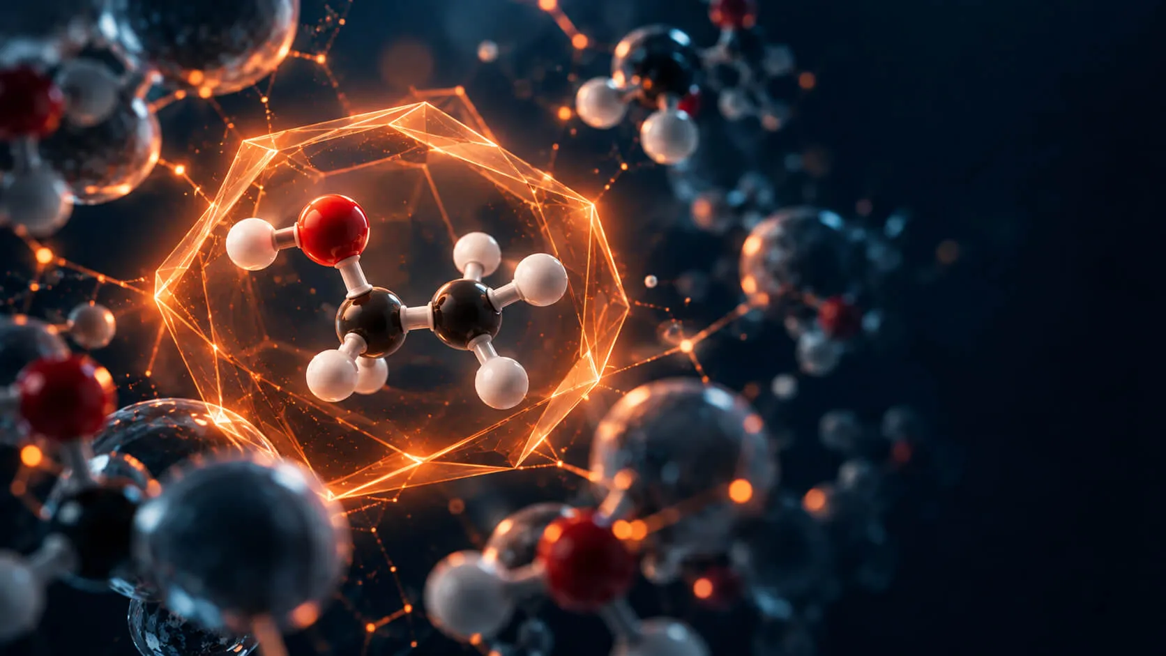 3D ethanol molecule glowing inside an orange geometric cage among floating molecules