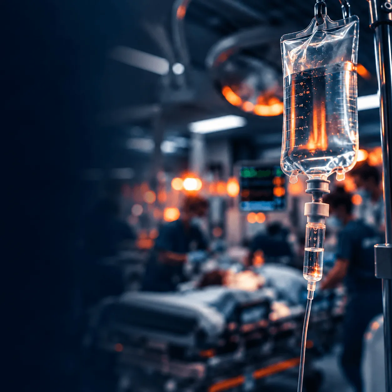 IV drip bag in focus beside a blurred emergency room team treating a patient