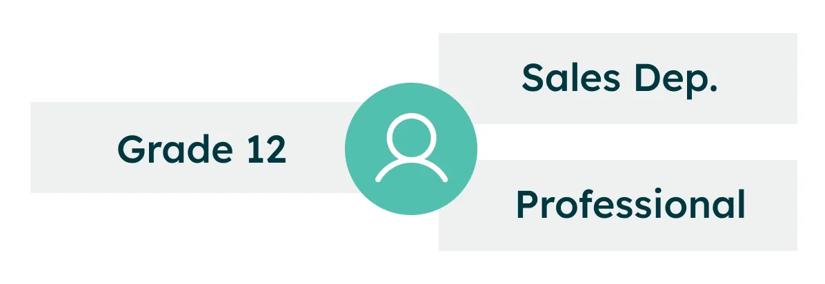 Icon of a user with labels: Grade 12, Sales Department, and Professional.