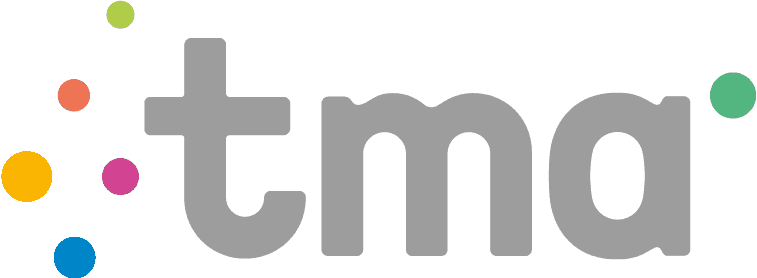 TMA logo with lowercase grey letters and colorful dots on a white background.
