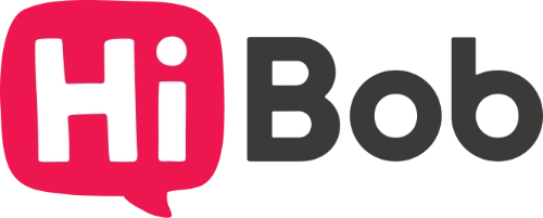 HiBob Firmenlogo mit roter Sprechblase um "Hi" y "Bob" in schwarzer Schrift