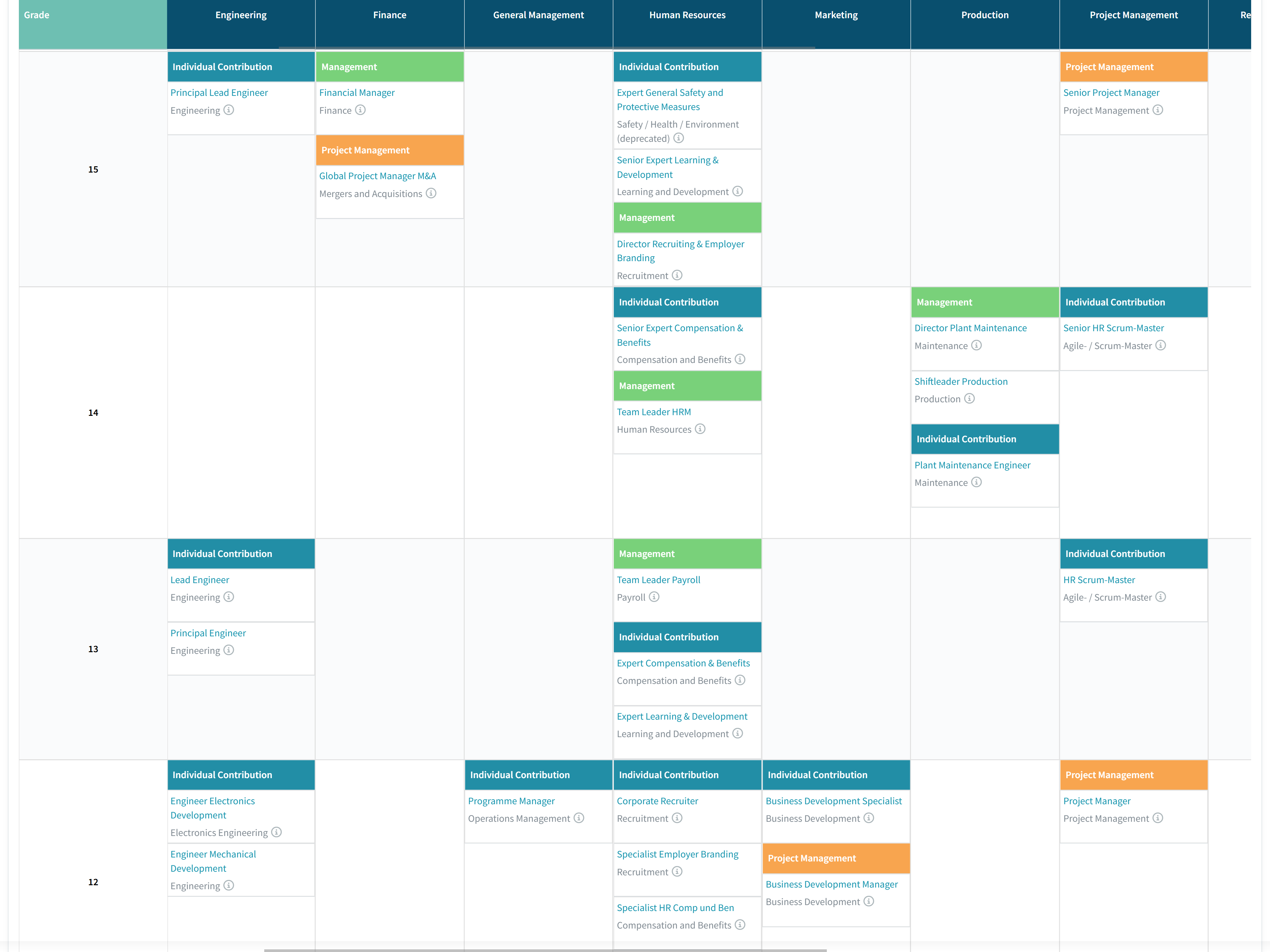 Job architecture table categorising roles by grade and department including management and individual contributions.