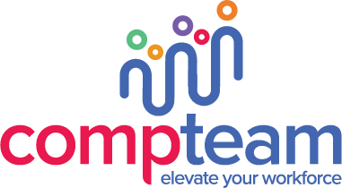 Compteam logo with colourful abstract figures and tagline elevate your workforce.
