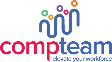 Logotipo de Compteam con figuras abstractas y el eslogan "Eleva tu fuerza laboral"