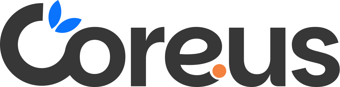 Coreus logo with black text, blue leaf shapes on C, and orange dot inside letter u.