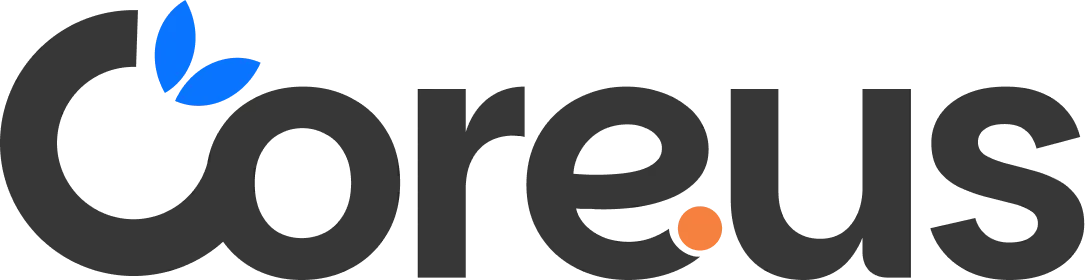 Coreus logo with black text, blue leaf shapes on C, and orange dot inside letter u.