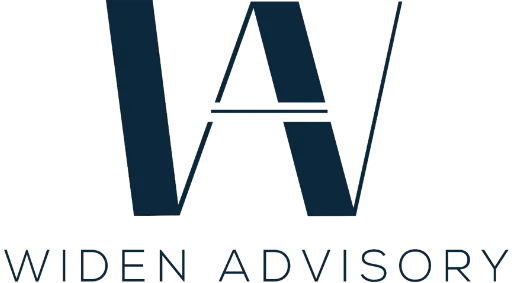 Logo with large dark blue letters W and A stacked above the words WIDEN ADVISORY.