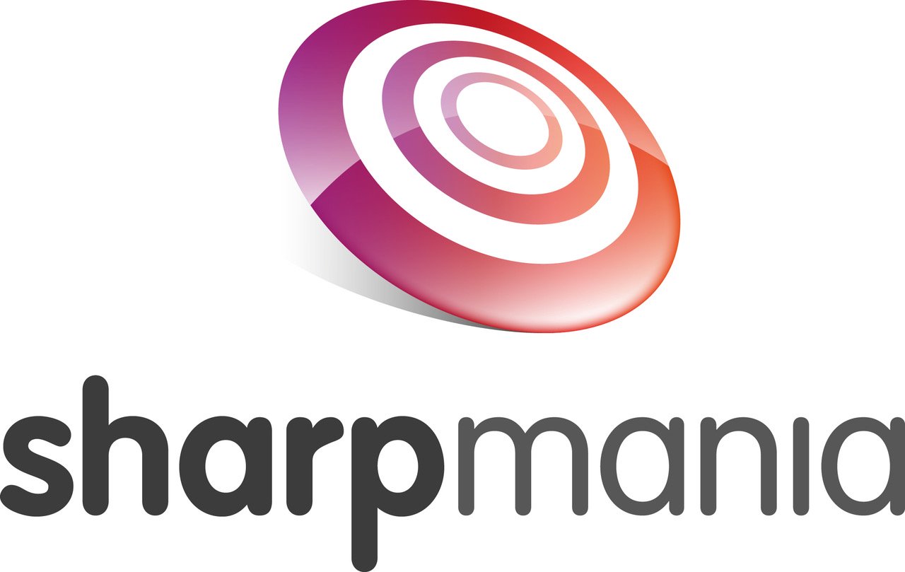 Red and purple concentric circle target above the word sharpmania in lowercase gray letters.