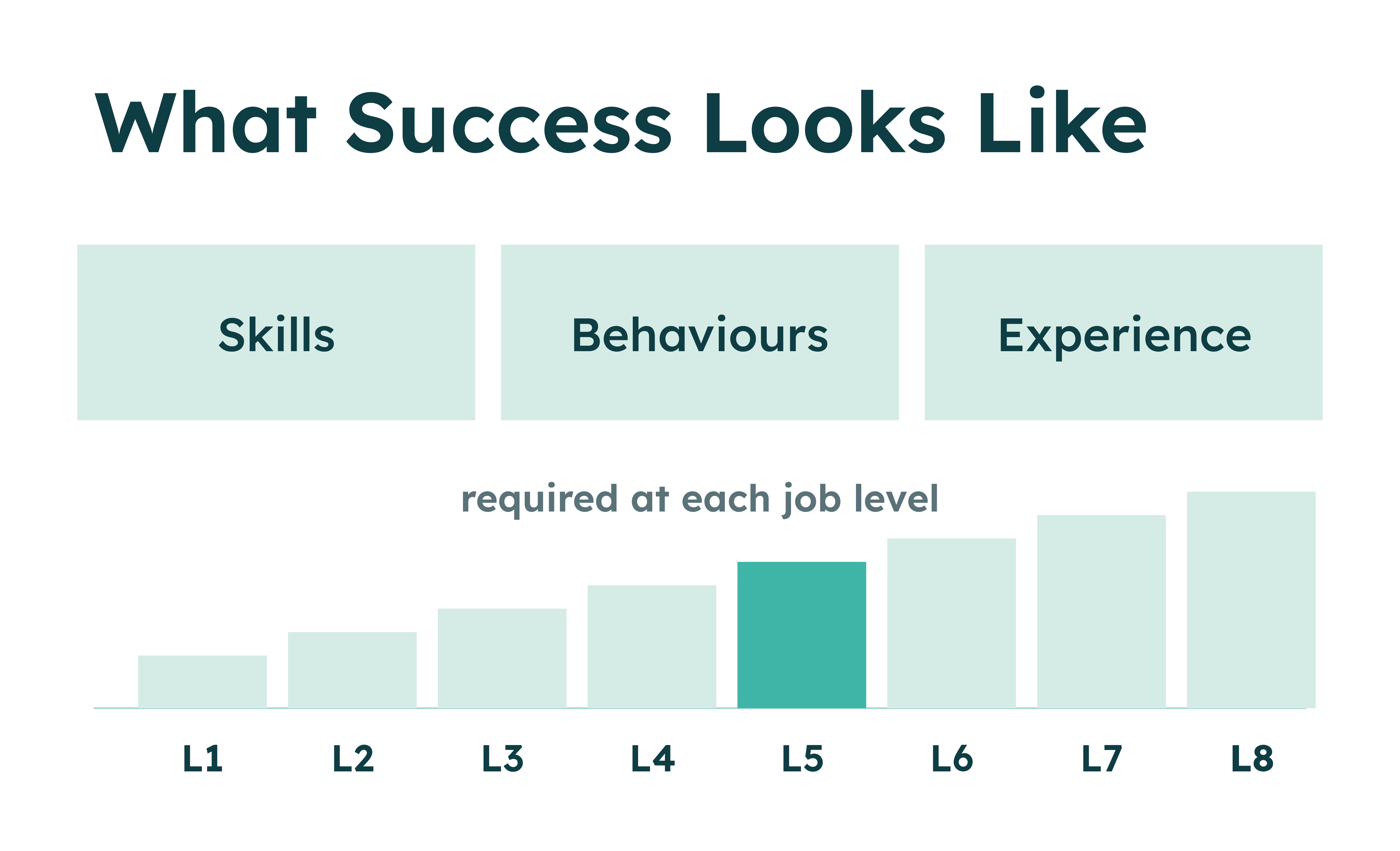 Bar chart showing skills, behaviours, and experience required by job levels L1 to L8, highlighting L5.