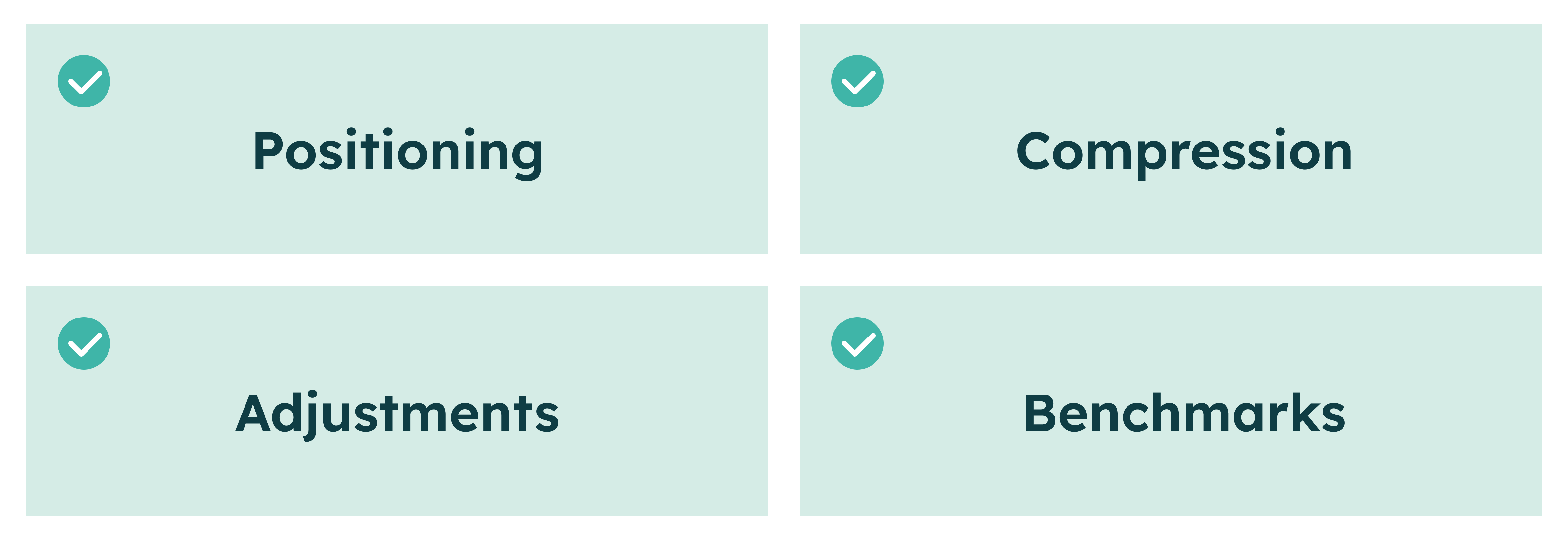 Four light green boxes with check icons and words: Positioning, Compression, Adjustments, Benchmarks.