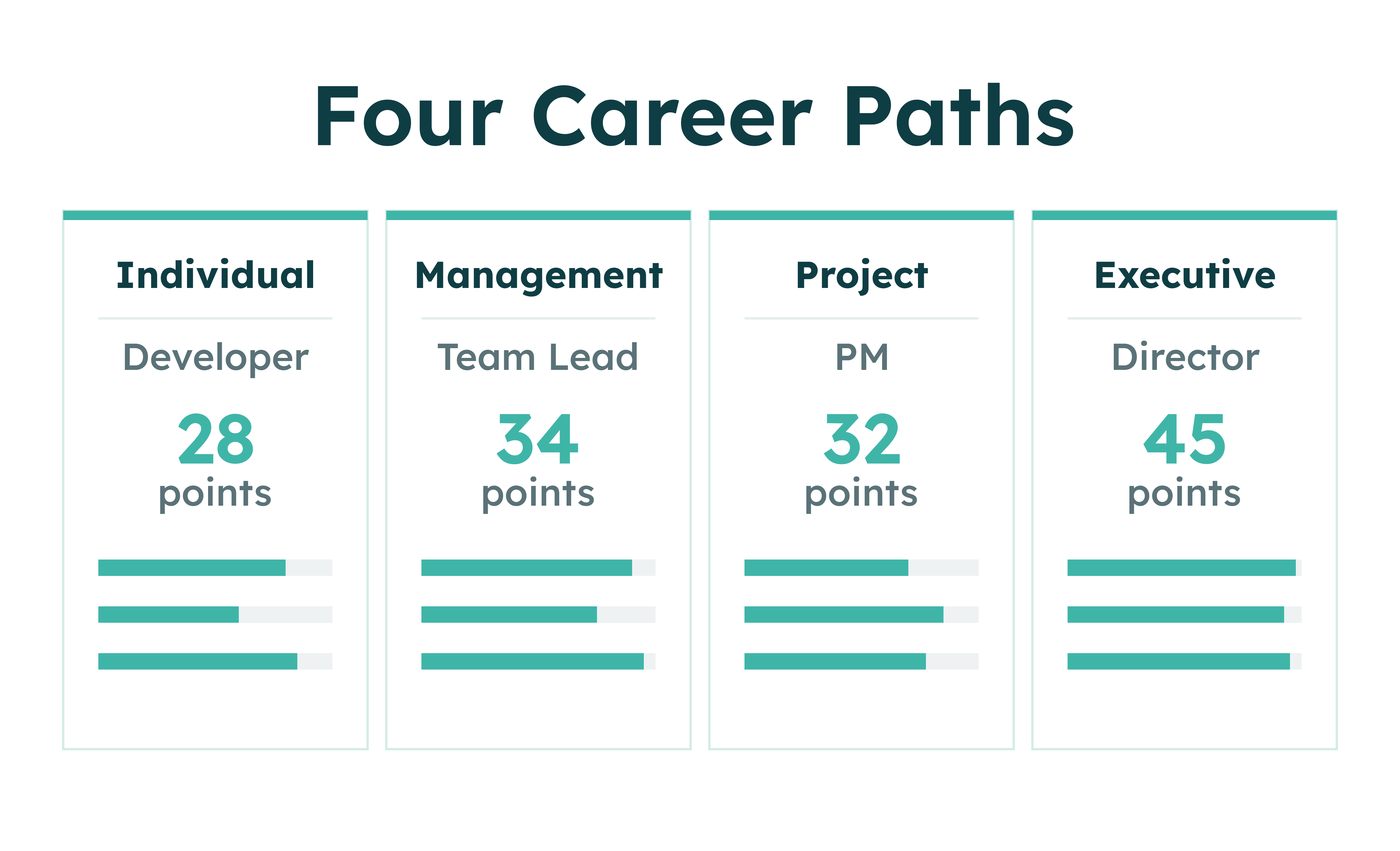 Four career paths with points: Individual Developer 28, Management Team Lead 34, Project PM 32, Executive Director 45.