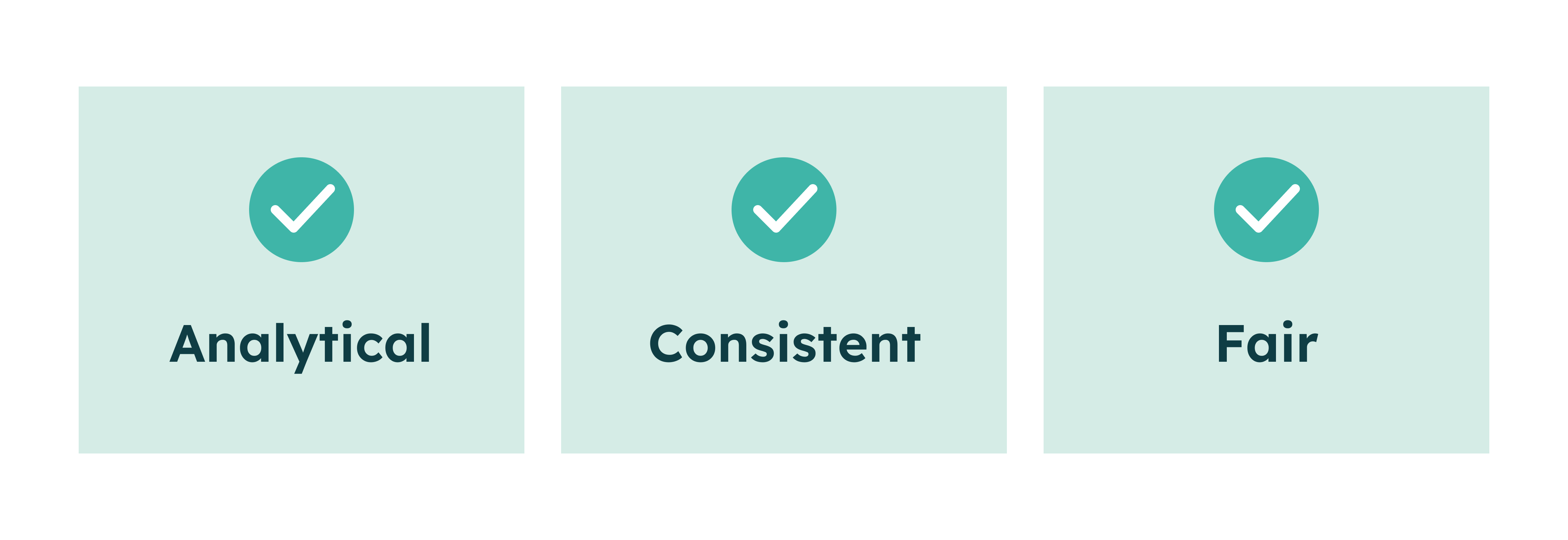 Three light green blocks with teal checkmarks labelled Analytical, Consistent, and Fair.