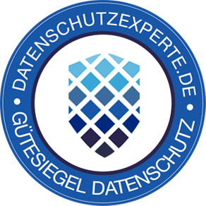 Shield icon with a blue diamond pattern inside a blue circle with German text on data privacy.